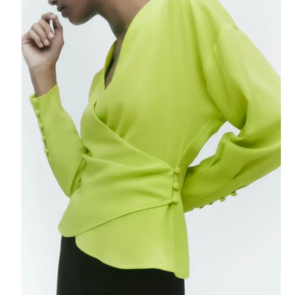 ZARA Lime Green Wrap Chiffon Double Breasted Flowy Long Sleeve Blouse - Picture 1 of 6